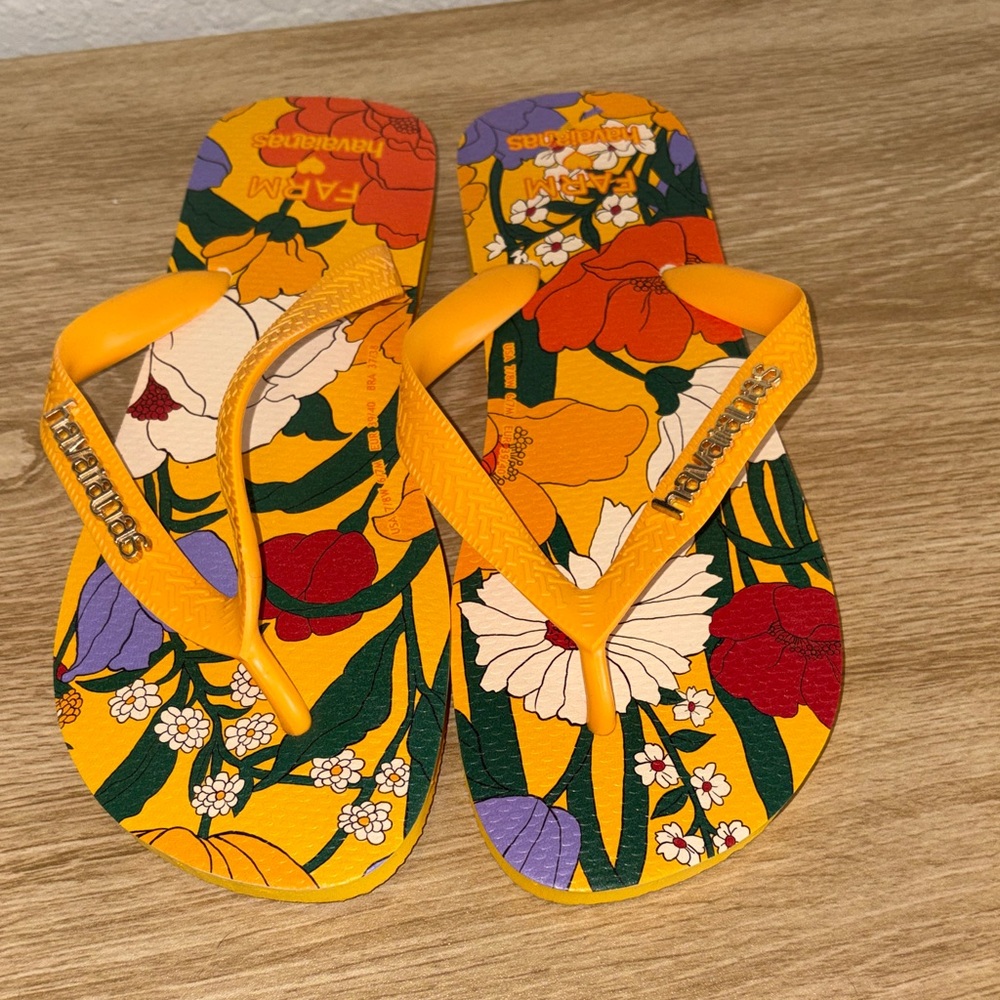 Havaianas Yellow Floral Flip Flops with Orange Straps